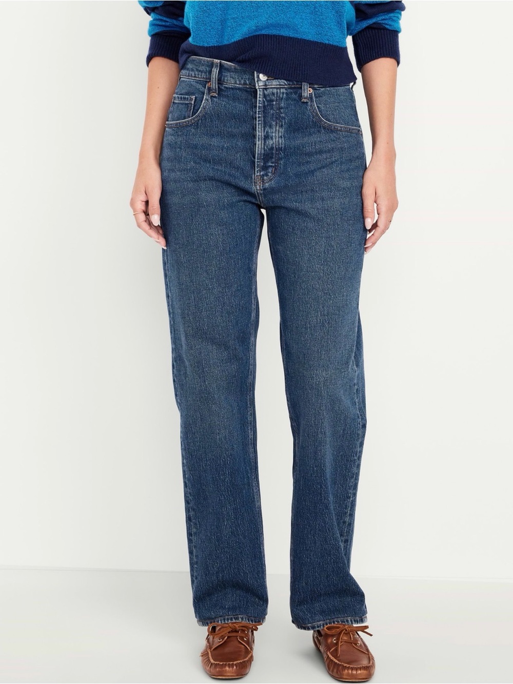Mid High-Rise Straight Leg Jeans - Dark Blue